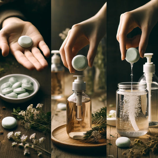 A series of images showing hand soap tablets being used