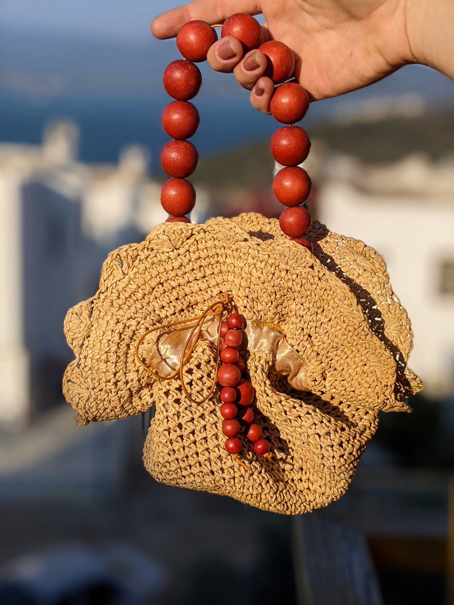 Upcycled straw pouch bag with beads