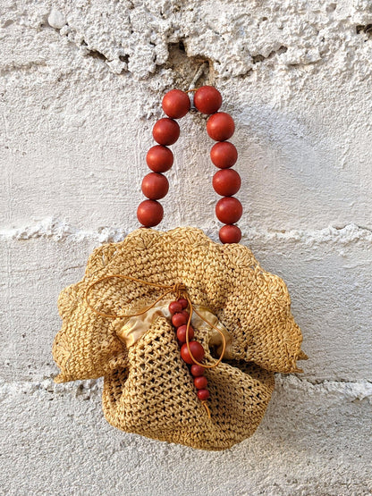 Upcycled straw pouch bag with beads