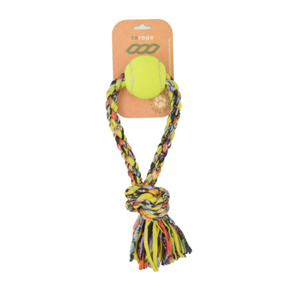 ReRope Small Looper with Tennis Ball Upcycled Fabric Rope Dog Toys