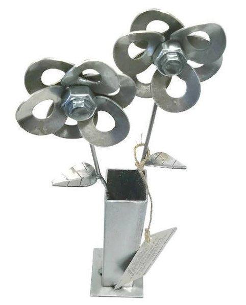 Two Metal Flowers and Vase, Steel Flowers and Vase, Welded Art