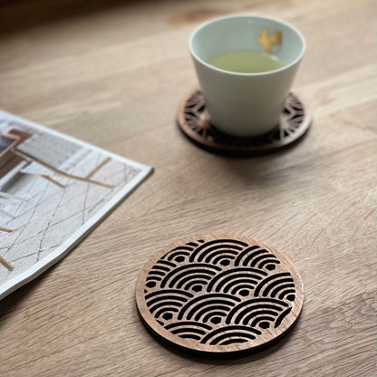 Japanese Patterns Upcycled Teak Wood Coasters - Individual / Set of 4