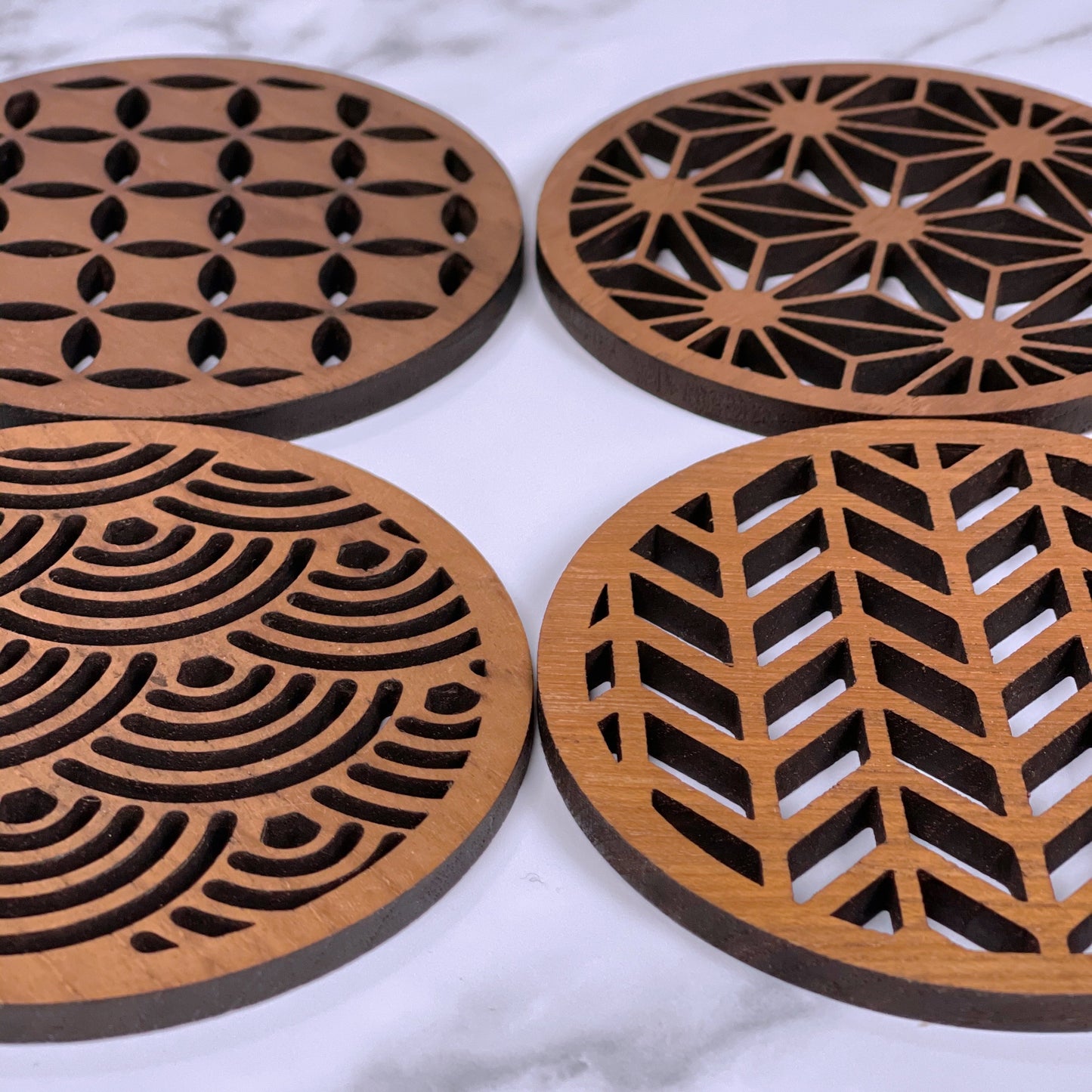 Japanese Patterns Upcycled Teak Wood Coasters - Individual / Set of 4