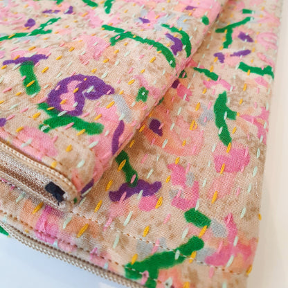 Upcycled sari clutch with kantha stitch