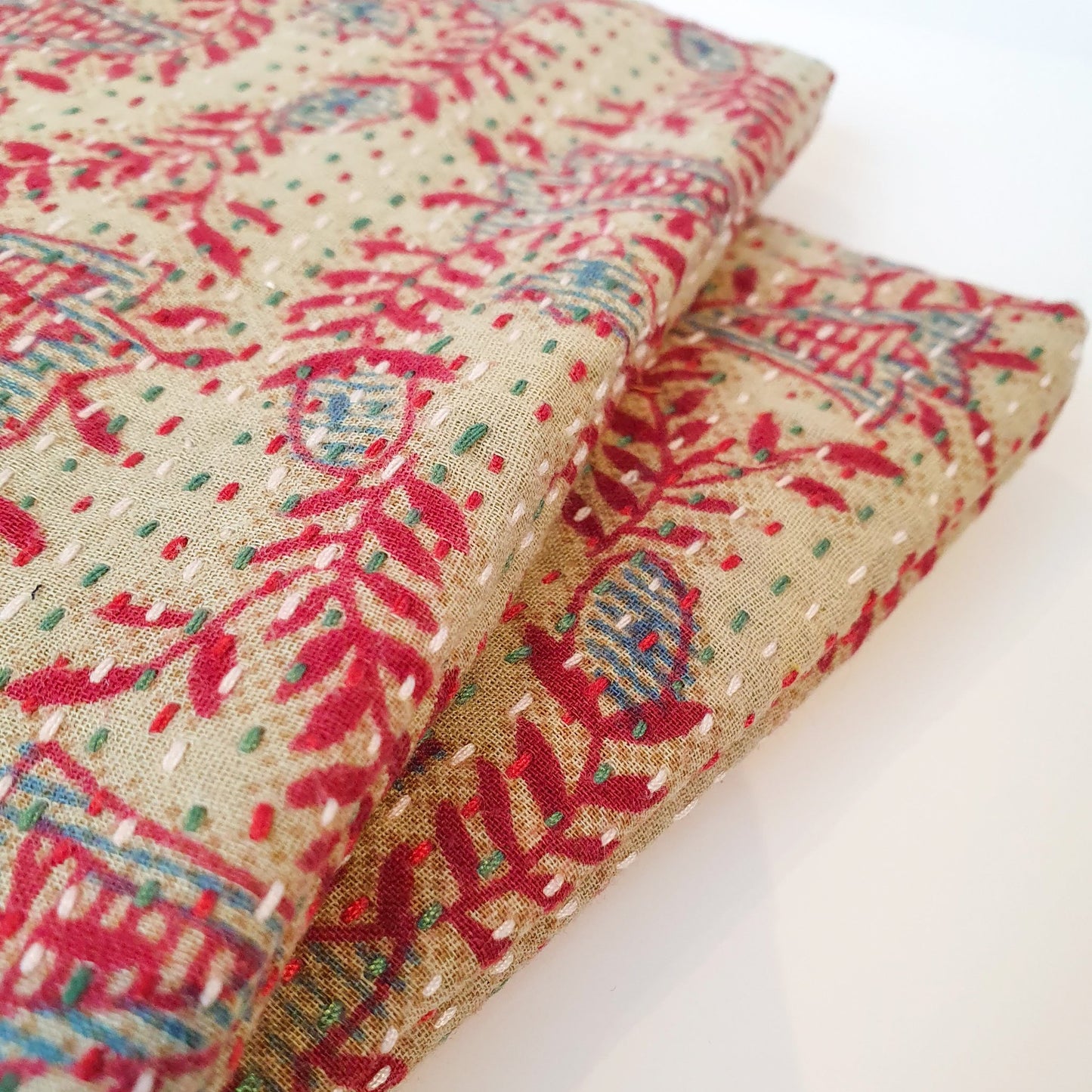 Upcycled sari clutch with kantha stitch