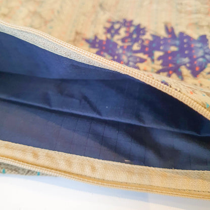 Upcycled sari clutch with kantha stitch