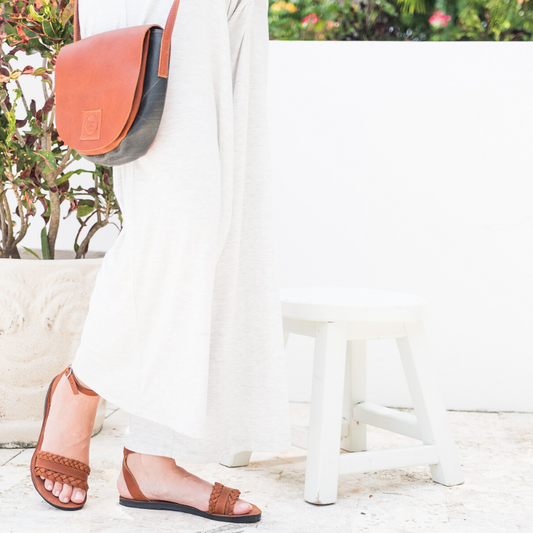 Woman walking in upcycled sandals